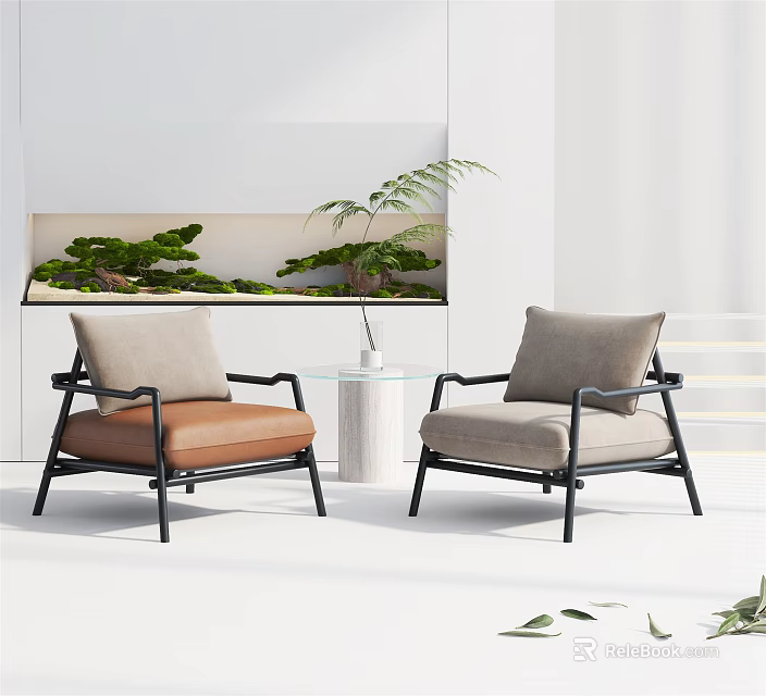 Leisure Sofa Set Two Chairs Brown Leather Gray Fabric Black Metal Frame And Green Plants 3d model 