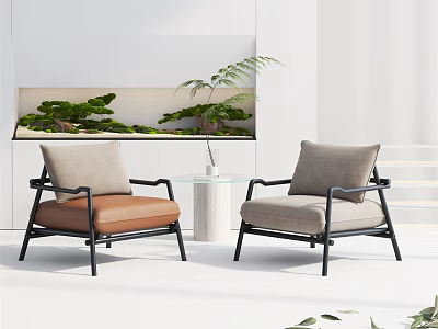 Leisure Sofa Set Two Chairs Brown Leather Gray Fabric Black Metal Frame And Green Plants 3d model