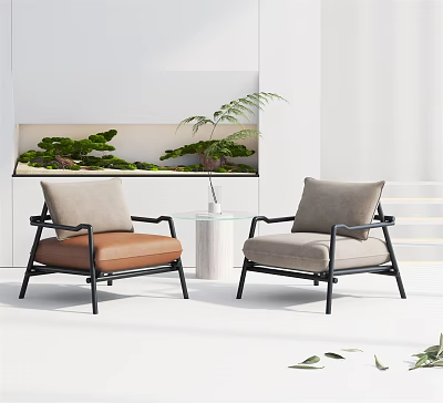Leisure Sofa Set Two Chairs Brown Leather Gray Fabric Black Metal Frame And Green Plants 3d model