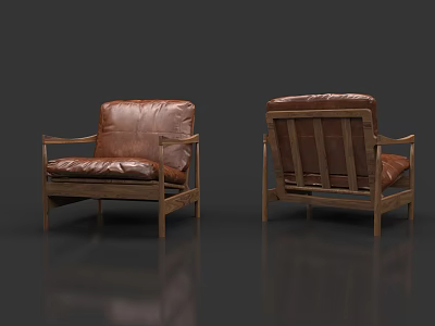 Two Views Of Brown Leather Single Sofa With Wooden Frame And Vintage Design 3d model