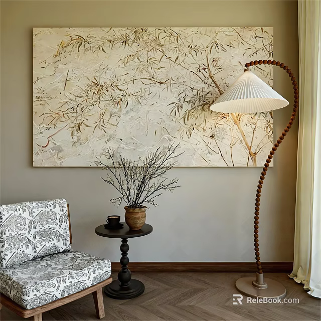 Abstract Painting On Wall With Floor Lamp Sofa Side Table Vase And Dried Branches 3d model 