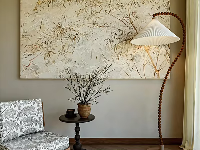 Abstract Painting On Wall With Floor Lamp Sofa Side Table Vase And Dried Branches 3d model