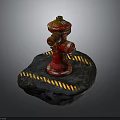 Red Fire Hydrant On Black Stone Base With Yellow Warning Stripes