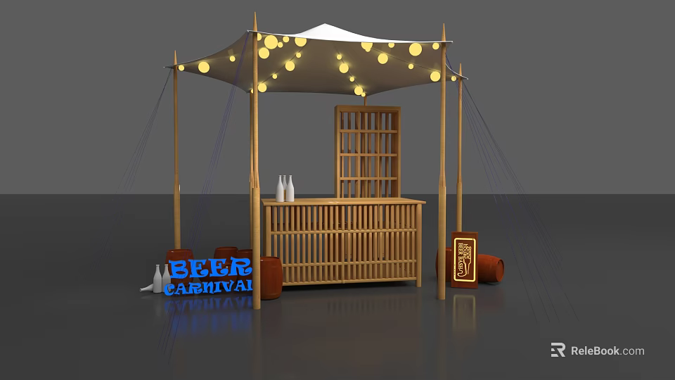 Beer Carnival Bamboo Stall Setup With String Lights And Decorative Bottles 3d model 