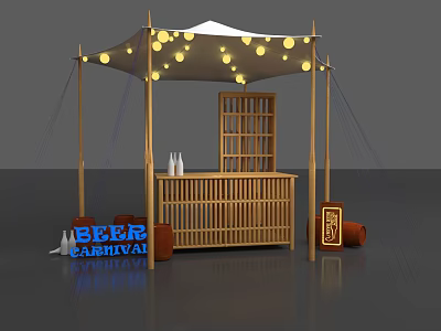 Beer Carnival Bamboo Stall Setup With String Lights And Decorative Bottles 3d model
