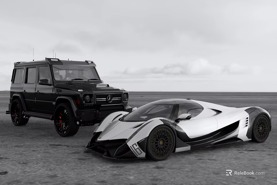 Black SUV And White Supercar Parked On Coastal Beach With Cloudy Sky 3d model 