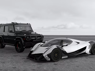Black SUV And White Supercar Parked On Coastal Beach With Cloudy Sky 3d model