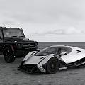 Black SUV And White Supercar Parked On Coastal Beach With Cloudy Sky