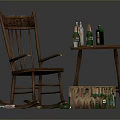 Vintage Wooden Rocking Chair and Small Table Set With Beer Bottles Crate and Cans