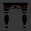 Dark Wooden Table Featuring Intricate Carved Details and White Ring Accents on Legs
