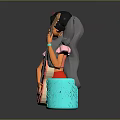 Woman With Long Black Hair Red Flower Hair Decoration Pink Top Blue Skirt Holding Guitar With Red Patterns