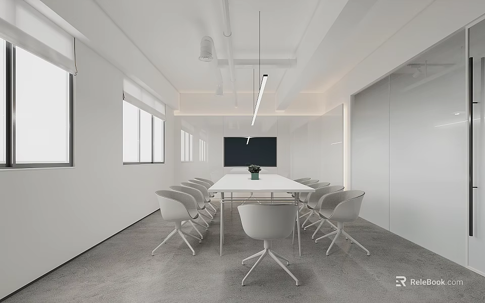 Modern Conference Room with Long Table White Chairs Green Plant Large Windows and White Walls 3d model 