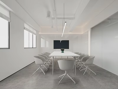 Modern Conference Room with Long Table White Chairs Green Plant Large Windows and White Walls 3d model