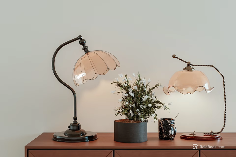 Vintage Table Lamps With Petal Shaped Shades On Wooden Table With Green Plant 3d model 
