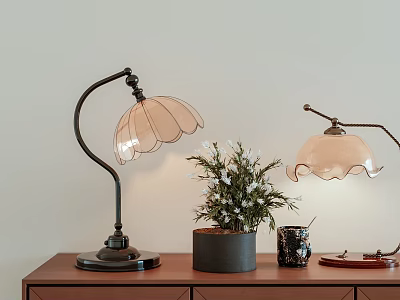 Vintage Table Lamps With Petal Shaped Shades On Wooden Table With Green Plant 3d model