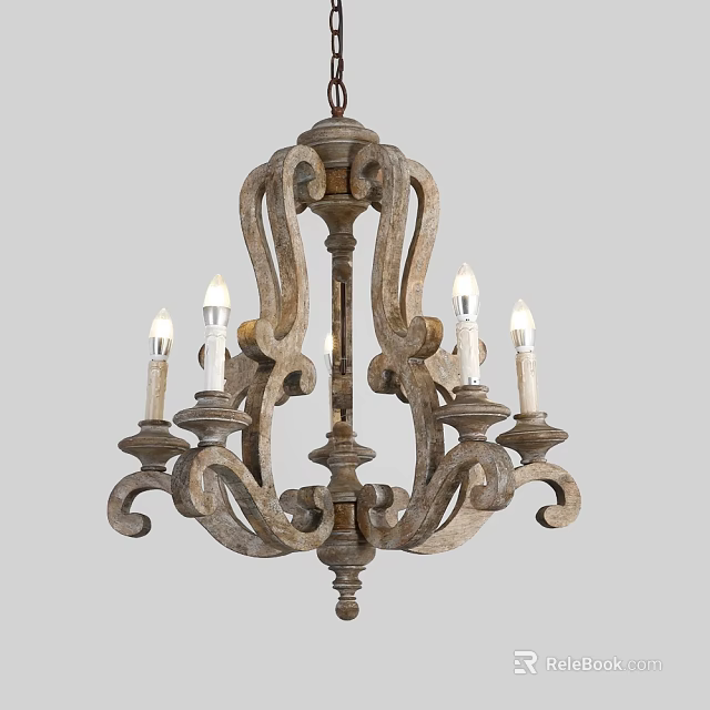 Rustic Wooden Chandelier with Carved Curved Arms and Candle Style Design for Elegant Lighting 3d model 