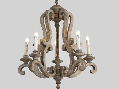 Rustic Wooden Chandelier with Carved Curved Arms and Candle Style Design for Elegant Lighting 3d model