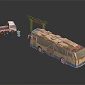 Old Rusty Bus With White Truck And Red Torii Gate In Scene 3d model