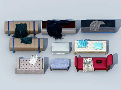 Different Styles of Upholstered Sofa Stools With Blankets Pillows and Colorful Designs 3d model