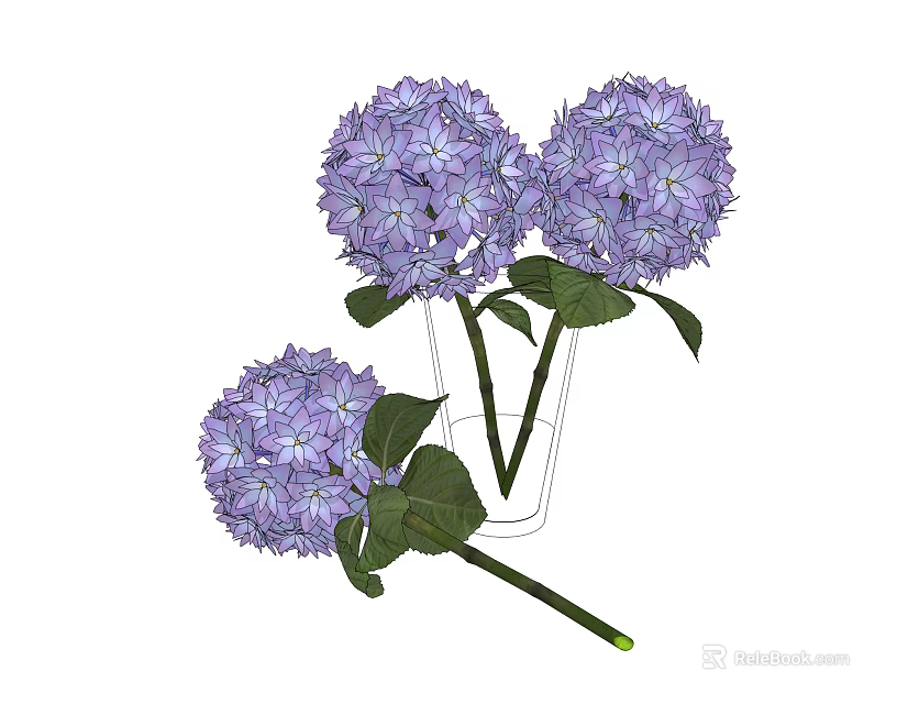 Fresh Purple Hydrangea Flowers in Transparent Vase with Green Leaves 3d model 