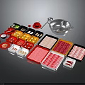 Colorful Assorted Food Ingredients Arranged in Trays with Metal Cooking Pot