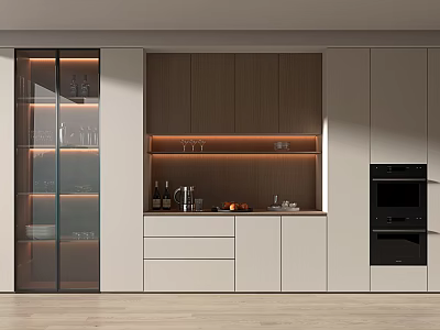 Modern Kitchen With Built In Wine Cabinet And Glass Doors 3d model