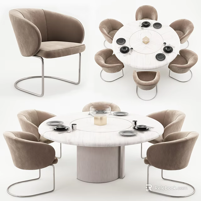 Elegant Round Dining Table Set With Velvet Chairs Metal Legs Plates And Candle Holder 3d model 