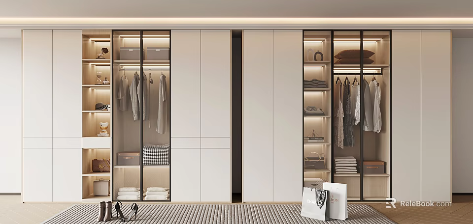 Modern Wardrobe Interior Design With Glass Doors Hanging Rails And LED Lighting 3d model 