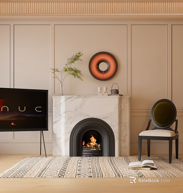 Marble Fireplace With Burning Fire TV Accent Chair Circular Wall Art And Small Plant 3d model 