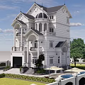 European Style Detached Villa With White Exterior Black Roof Grand Gate And Swimming Pool