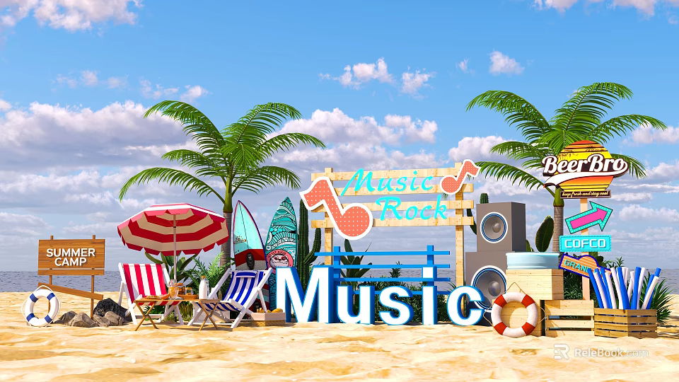 Vibrant Beach Music Rock Scene With Palm Trees Umbrella Beach Chairs Surfboard And Lifebuoy Speakers 3d model 