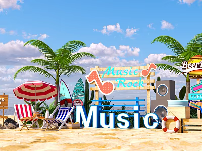 Vibrant Beach Music Rock Scene With Palm Trees Umbrella Beach Chairs Surfboard And Lifebuoy Speakers 3d model