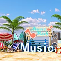 Vibrant Beach Music Rock Scene With Palm Trees Umbrella Beach Chairs Surfboard And Lifebuoy Speakers