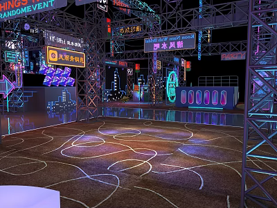 Vibrant Event Venue With Neon Signs Metal Frames And Illuminated Floor Patterns 3d model