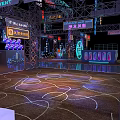 Vibrant Event Venue With Neon Signs Metal Frames And Illuminated Floor Patterns