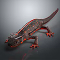 Detailed Black Salamander With Red Stripes And Spots On Dark Background