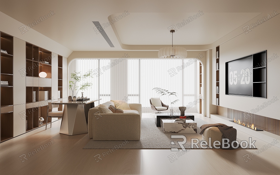 Cream Style Home Living Room Sofa Coffee Table Combination TV Background Wall Desk and Chair Decoration Bookcase Sofa Chair Vase Potted Shutters Large Flat Layer model