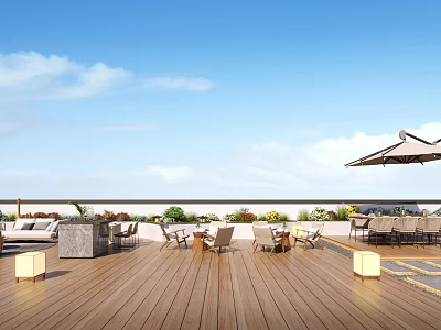 Contemporary Roof Terrace Design With Wooden Deck Outdoor Seating Umbrella And Green Plants 3d model