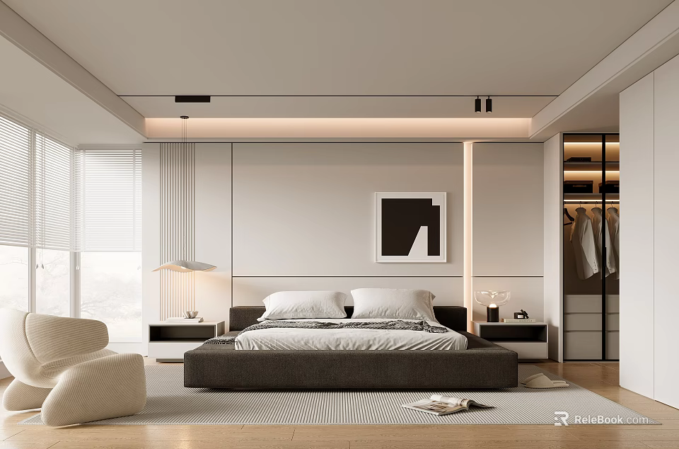 Modern Bedroom Interior Design With Platform Bed Framed Artwork And Built In Wardrobe 3d model 