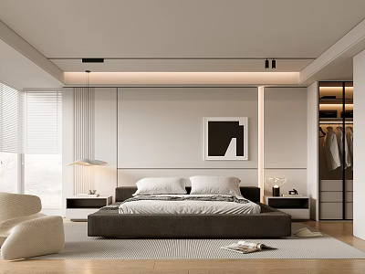 Modern Bedroom Interior Design With Platform Bed Framed Artwork And Built In Wardrobe 3d model