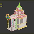 Traditional Pink Building with Yellow Dome Golden Spire Decorative Canopy White Pillars and Arched Window