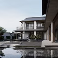 Modern Guesthouse Building With Open Porch Stone Steps Slate Path Pine Trees And Wooden Bench