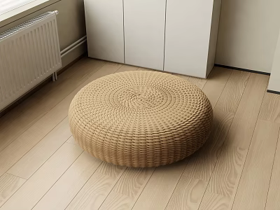 Round Woven Stool In Room Interior With Wooden Floor And White Cabinet 3d model