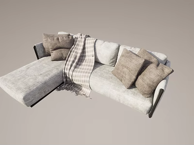 Modern Light Gray Fabric Sectional Sofa With Decorative Pillows And Throw Blanket 3d model