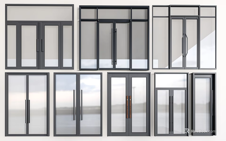 Modern Entry Doors With Various Glass Panel And Metal Frame Designs 3d model 
