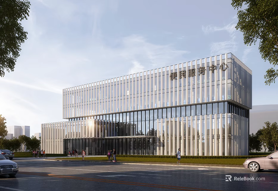 Modern Office Building With Glass Curtain Wall Green Landscape And Innovative Service Center 3d model 