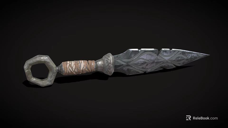 Intricate Decorative Fantasy Dagger With Wrapped Texture Handle And Patterned Blade 3d model 