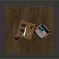 Wooden Desk Setup With Red Office Chair Laptop Speakers And Guitar