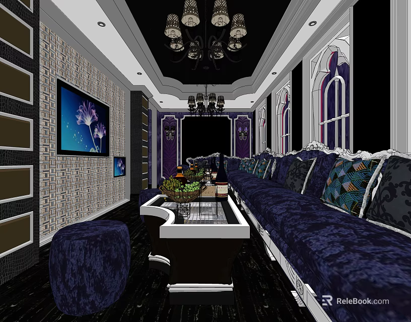 KTV Interior Design With Modern Sofas Coffee Table Chandeliers And TV 3d model 