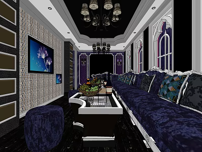 KTV Interior Design With Modern Sofas Coffee Table Chandeliers And TV 3d model